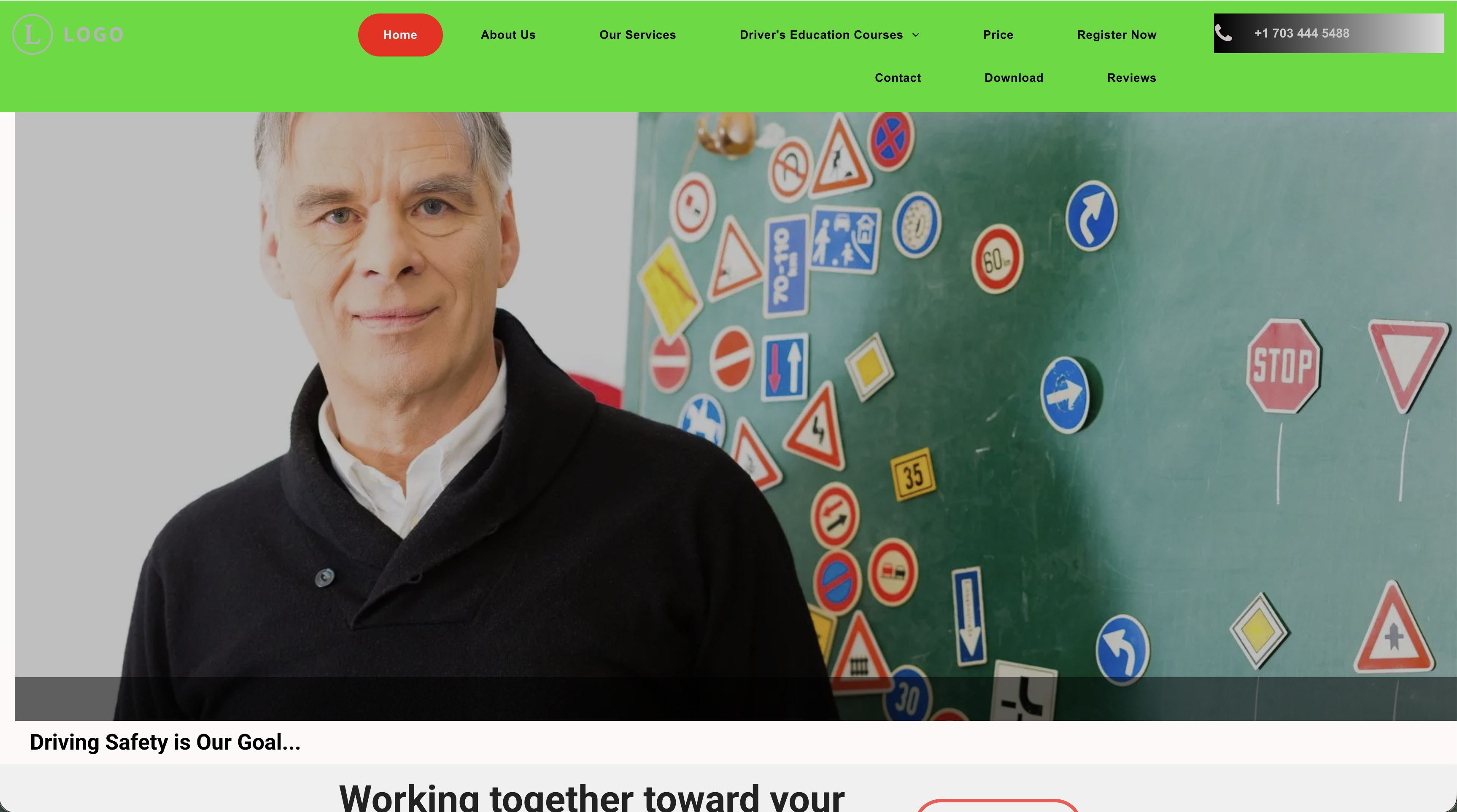 Driving school website with crowded green header and no clear next action